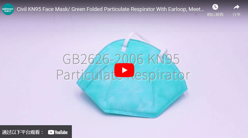 Civil KN95 Face Mask/ Green Folded Particulate Respirator With Earloop, Meet GB2626-2006 Standard